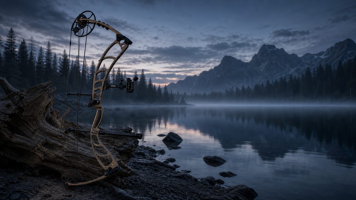 NOVA compound bow resting on driftwood beside a misty mountain lake