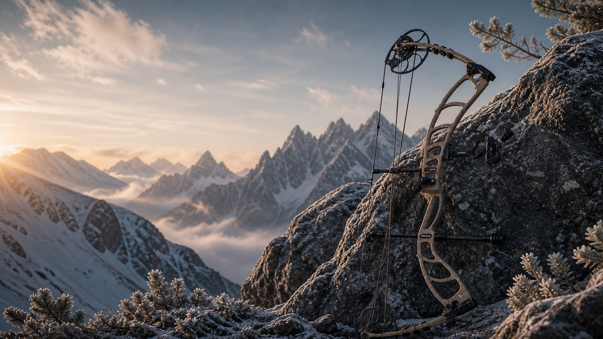 NOVA compound bow resting on a snow-covered mountain rock at sunrise
