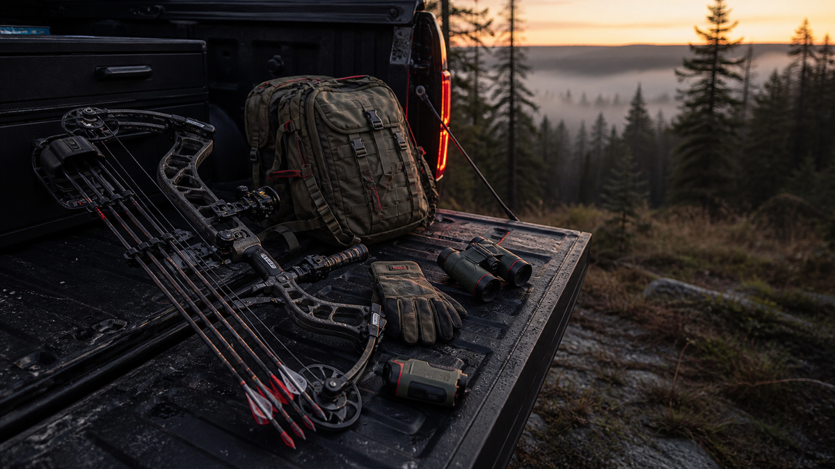 Compound bow and bowhunting gear arranged on a pickup tailgate at sunrise