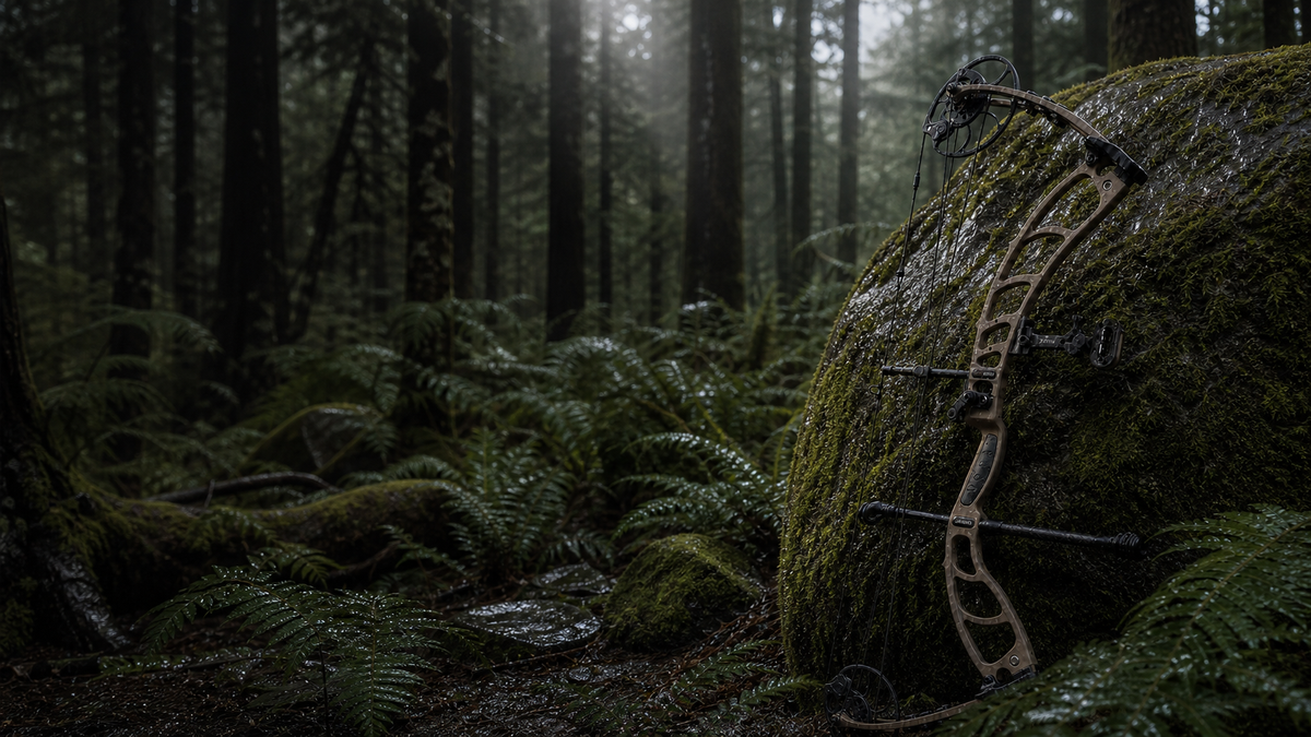 NOVA compound bow leaning against a moss-covered boulder in a wet evergreen forest