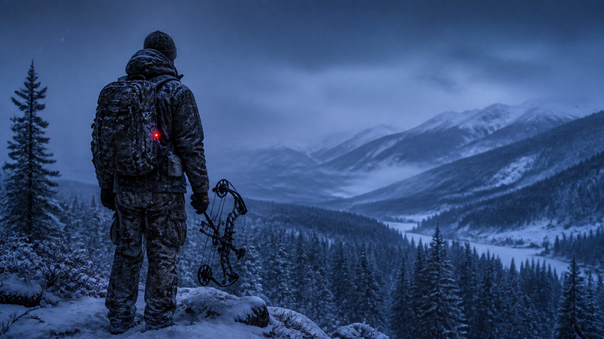 Bowhunter holding a compound bow above a snow-covered mountain valley