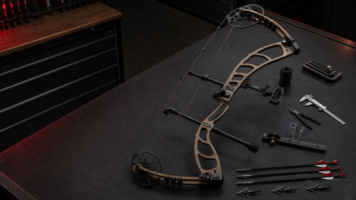 NOVA compound bow with arrows, broadheads, sight tools, and calipers on a workbench