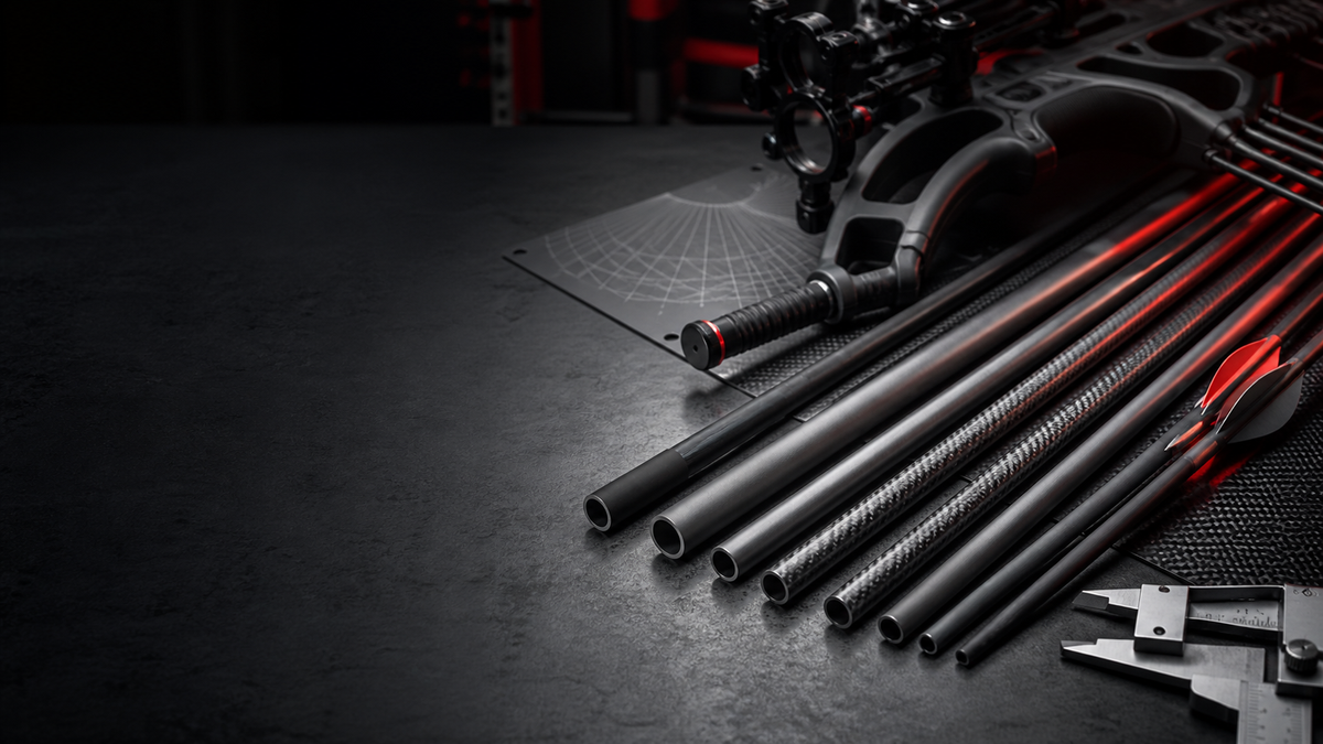 Compound bow, arrow shafts, fletched arrows, and measuring tools arranged on a dark workbench