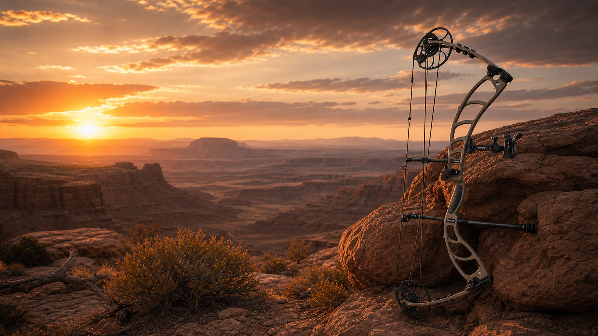 NOVA compound bow set against a red-rock canyon at sunset
