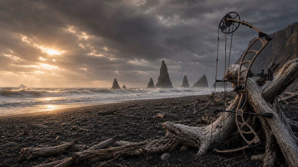 NOVA compound bow displayed on driftwood along a dramatic black-sand coast