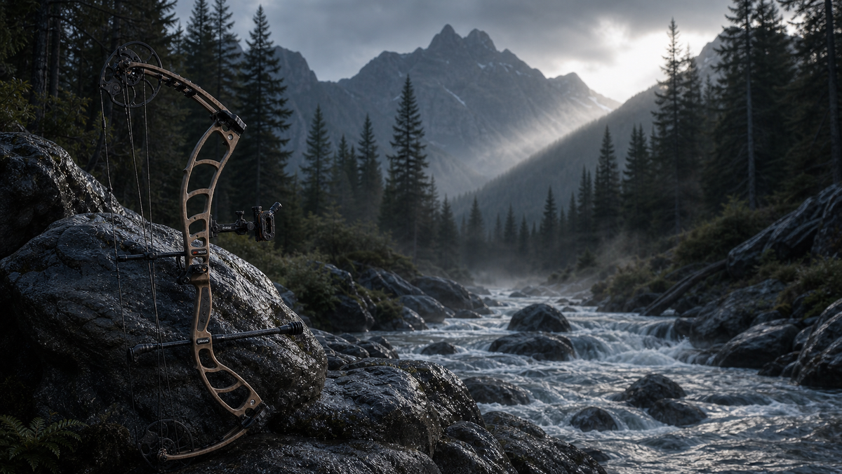 NOVA compound bow on wet rocks beside a mountain river in an evergreen forest