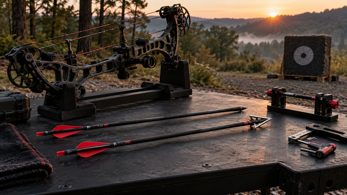 Compound bow, field-point arrow, and fixed-blade broadhead arrow prepared for tuning at an outdoor range