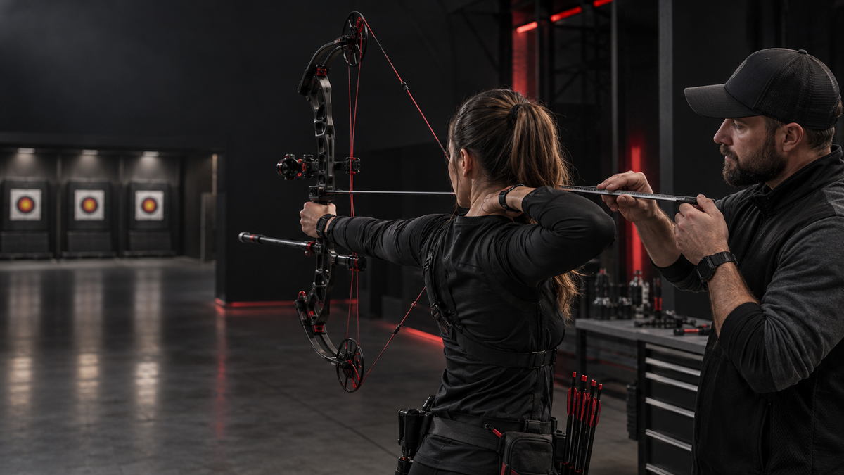 Archer at full draw while a bow technician checks compound bow draw length