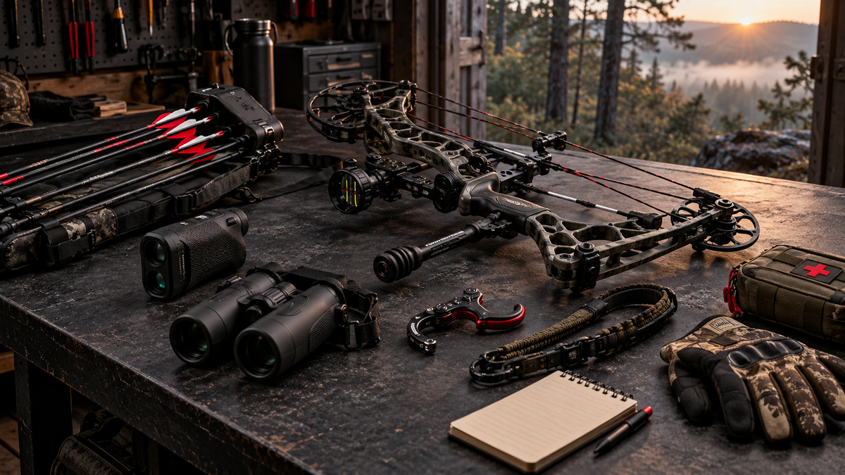 Compound bow hunting gear arranged for a range-to-field safety inspection