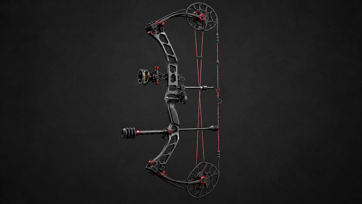 Side-profile compound bow showing cams, limbs, riser, string, cables, sight, rest, grip, and stabilizer