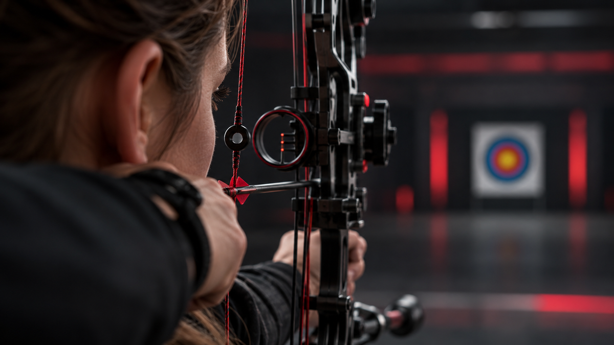 Compound bow peep sight aligned with the front sight housing at full draw on an indoor range