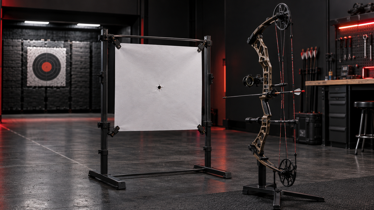 Compound bow beside a paper tuning frame in a professional archery workshop